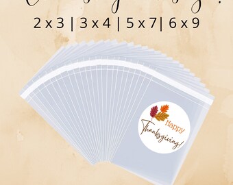 May include: A stack of clear plastic bags with labels that say "Happy Thanksgiving!" with fall leaves. The bags are available in four sizes: 2x3, 3x4, 5x7, and 6x9 inches.