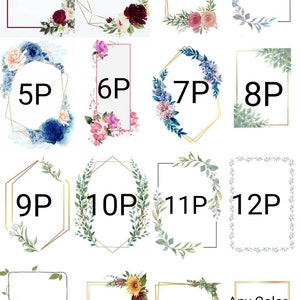 May include: A set of 16 floral frames with gold borders. The frames are numbered 1P through 16P. Frame 16P says "Any Color".