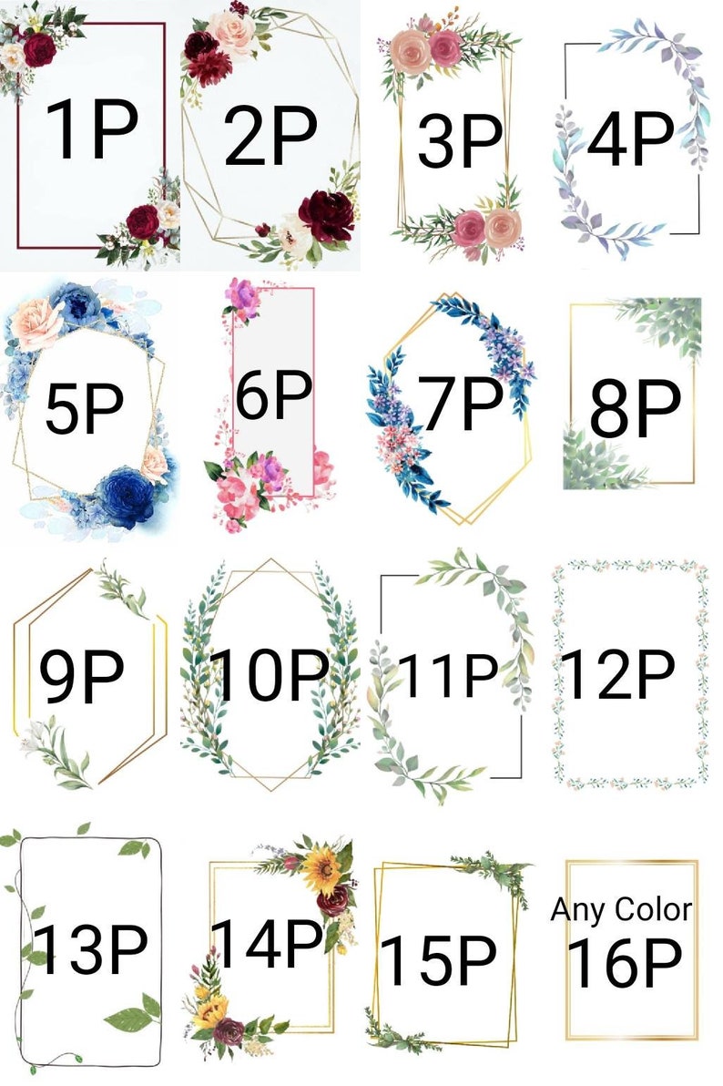 May include: A set of 16 floral frames with gold borders. The frames are numbered 1P through 16P. Frame 16P says "Any Color".