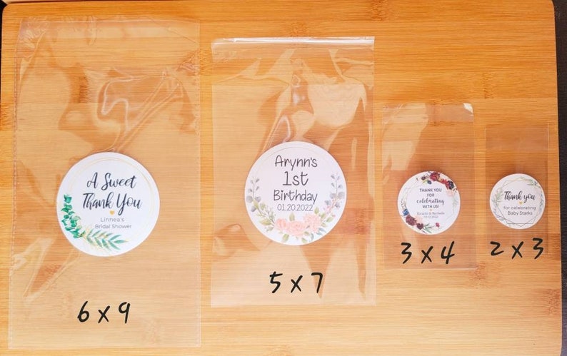 Custom Favor Treat Bags 5 x 7in, 2 x 3in, 3 x 4 & Labels Wedding Baby Bridal Shower Bachelorette Birthday Business Logo School Graduate image 1