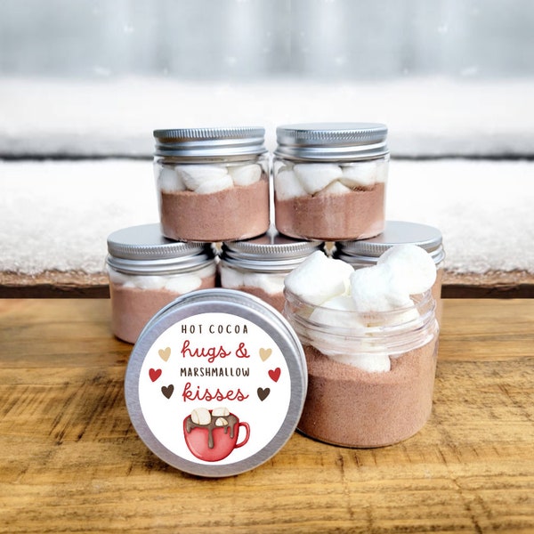 Hot Cocoa Hugs & Marshmallow Kisses Hot Chocolate Jar Favors - Small Holiday Gift, Winter Wedding Bridal Baby Shower Bulk Hot Cocoa Favors