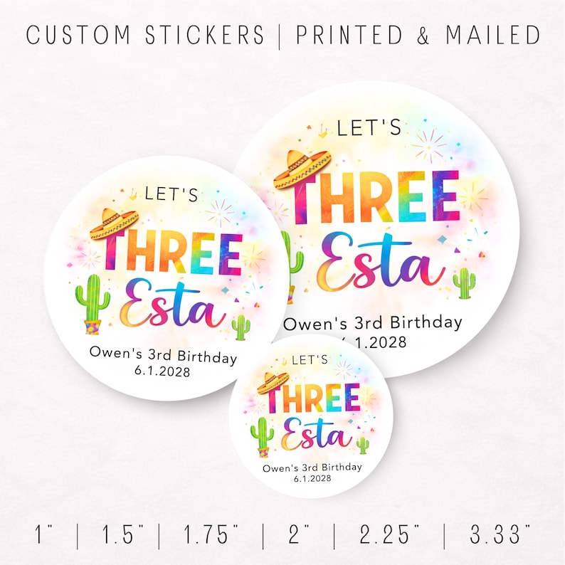 Three Esta Birthday Stickers – Fiesta 3rd Birthday Party Favors ...