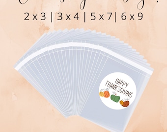 May include: A set of clear plastic bags with labels that say "Happy Thanksgiving" and feature a drawing of pumpkins. The bags are available in various sizes: 2x3, 3x4, 5x7, and 6x9.