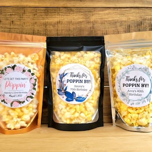 Snack Favors w/ Custom Label, Adult Birthday Party Favors, Stand Up Zip Pouch Bag, DIY Popcorn Favor, Adult Birthday Favor Bag, Party Favors