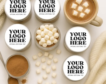 May include: An overhead shot features a mug of hot chocolate with marshmallows, surrounded by small containers of cocoa powder and marshmallows. The containers have labels that read "YOUR LOGO HERE" and "OPTIONAL ADDITIONAL TEXT". A spoon rests near the cocoa.