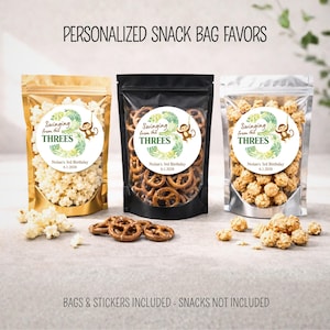 Swinging from the Three Snack Bags Favors - Jungle 3rd Birthday Party Favor, Monkey Theme Goodie Bag, Personalized Safari Third Bday Popcorn