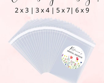 May include: A set of clear plastic bags with labels for a bridal shower. The labels feature a watercolor design of wildflowers and the text "Rebecca's Bridal Shower". The image shows various sizes of bags: 2x3, 3x4, 5x7, and 6x9 inches.