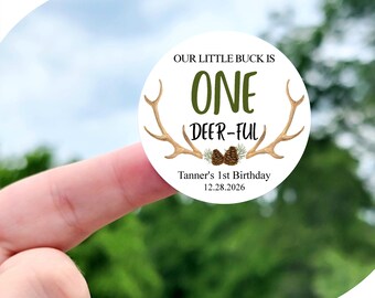 ONE-Deer-Ful 1st Birthday Stickers - Custom Winter 1st Birthday Stickers, Deer Theme Favor Labels, Buck Theme First Birthday Party Stickers