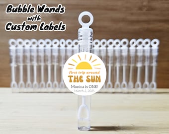 First Trip Around the Sun 1st Birthday Bubble Favors - Labels & Filled Bubble Wands - Sun First Birthday Party Favors, Kid Favor Bags