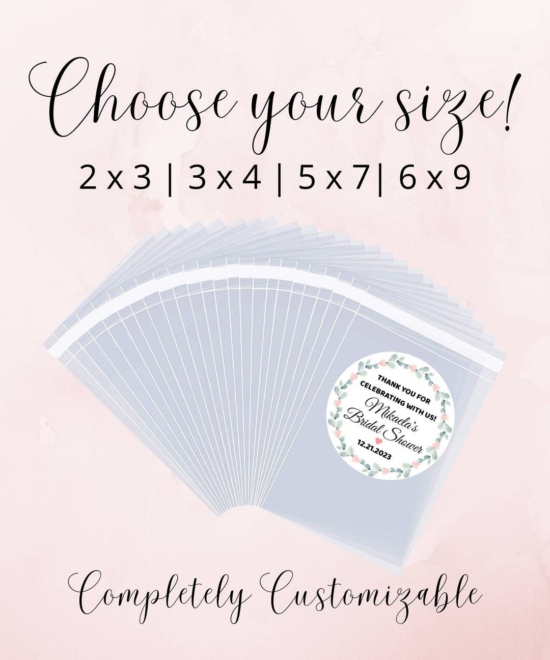 Custom Bridal Shower Treat Bags 5 X 7, 2 X 3, 3 X 4, 6 X 9 In. & Labels