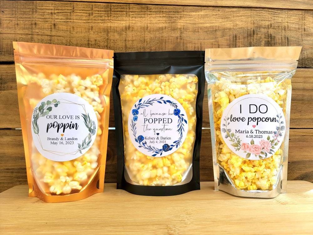 Snack Favors w/ Custom Label, Wedding Favors, Stand Up Zip Pouch Bag, DIY Popcorn Favor, Wedding Edible Favors, Unique Wedding Favors
