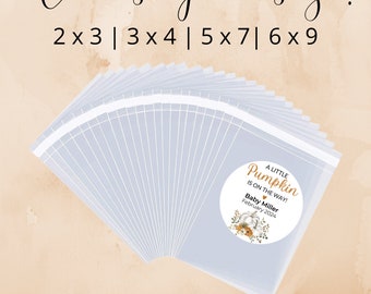 May include: A set of clear plastic favor bags with labels that say "A Little Pumpkin is on the Way!" with a watercolor pumpkin design. The labels also include the text "Baby Miller" and "February 2024". The image shows different sizes of bags available: 2x3, 3x4, 5x7, and 6x9.