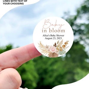 Baby in Bloom Baby Shower Stickers – Boho Floral Favor Tags, Custom Round Labels, Neutral Pink Beige Girl Baby Shower, Dried Flower Theme