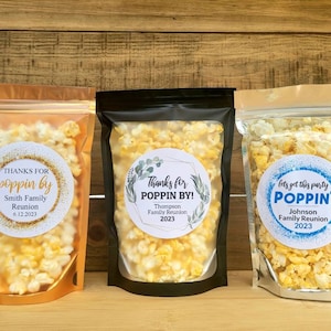 Snack Favors w/ Custom Label, Family Reunion Favors, Family Reunion Party, Stand Up Zip Pouch Bag, DIY Popcorn Favor, Treat Bag, Party Favor
