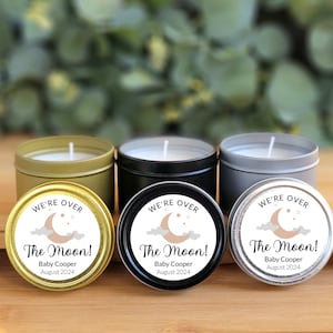 Over the Moon Candle Favors - 4oz Soy - PRE-ASSEMBLED - Custom Moon & Stars Bulk Baby Shower Candles, Twinkle Twinkle Baby Shower Favors