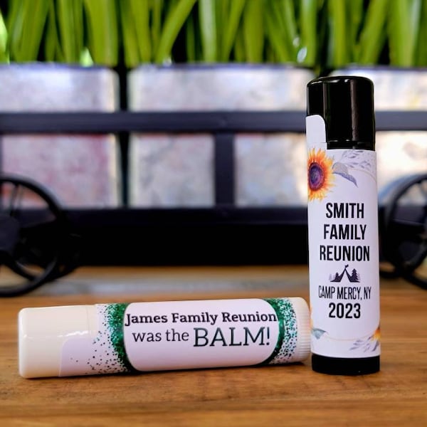 Custom Lip Balm Favors - Family Reunion Chapstick w/ Custom Label - PRE-ASSEMBLED, Vanilla or Cherry, Family Reunion Party Favors