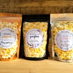 Snack Favors w/ Custom Label, Engagement Party Favors, Stand Up Zip Pouch Bag, DIY Popcorn Favor, Engagement Party Treat Bag Favors