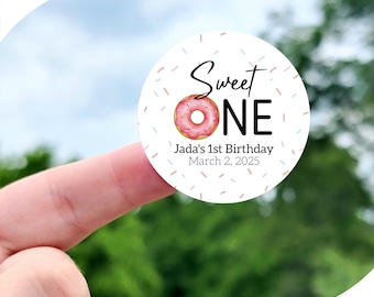 Sweet ONE 1st Birthday Stickers - Custom Donut 1st Birthday Party Labels, Sweet One Theme First Birthday Stickers, Pastel Sprinkles Favors