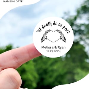 Til Death Do Us Part Stickers - Custom Wedding Labels, Halloween Wedding Stickers, Cute Skeleton Heart Favor Labels, Goth Wedding Stickers