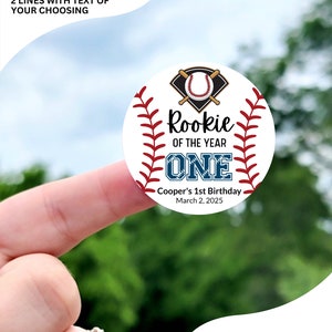 Rookie of the Year 1st Birthday Stickers - Custom Baseball Birthday Party Labels, Baseball Theme First Birthday Stickers, Baseball Favors