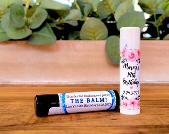 Custom Lip Balm Favors - Teen Birthday Chapstick w/ Custom Label - PRE-ASSEMBLED, Vanilla or Cherry, Birthday Party, Kid Birthday Favors