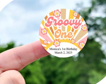 Groovy ONE 1st Birthday Stickers - Custom Retro Daisy Birthday Party Labels, Groovy Theme First Birthday Stickers, Groovy Birthday Favors