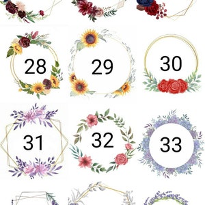 May include: A set of 12 floral wreaths with gold frames and numbers 25 through 36. Each wreath features a different floral design, including sunflowers, roses, and lavender.