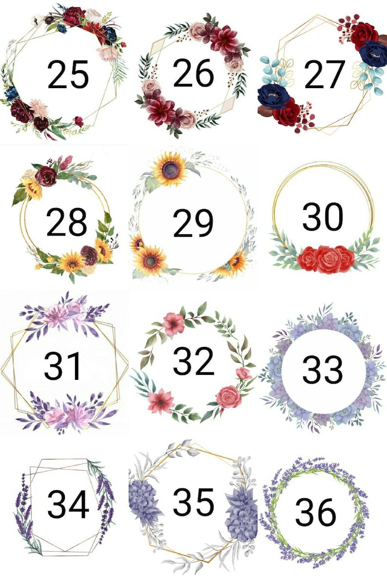 May include: A set of 12 floral wreaths with gold frames and numbers 25 through 36. Each wreath features a different floral design, including sunflowers, roses, and lavender.