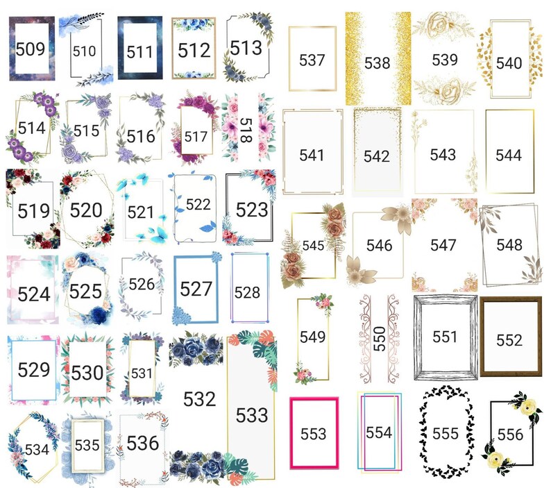 May include: A set of 56 digital frames with various floral, geometric, and abstract designs. The frames are numbered from 509 to 556.