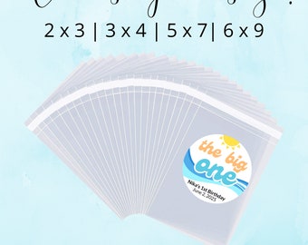 May include: A stack of clear plastic bags with labels that say "the big one" and "Nika's 1st Birthday June 2, 2025". The bags are available in various sizes: 2x3, 3x4, 5x7, and 6x9 inches.