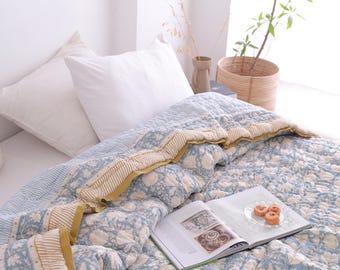 Dusty Blue Cotton Quilt, Indian Hand Block Printed Quilt Bedspread, Floral Printed Queen Comforter, Soft Summer Blanket, All Season Quilts