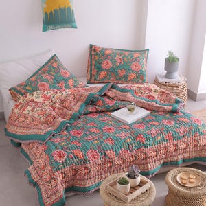Teal Blue Boho Block Print Quilt Reversible Floral Blanket Soft Summer Quilt Jaipuri Bedspread Cozy Indian Comforter All Season Queen Quilt image 6