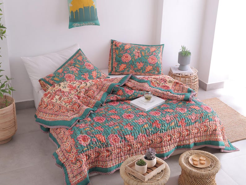 Teal Blue Boho Block Print Quilt Reversible Floral Blanket Soft Summer Quilt Jaipuri Bedspread Cozy Indian Comforter All Season Queen Quilt image 6