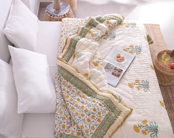 Hand Block Print Cotton Quilt, Reversible Mughal Floral Bedspread, Vintage Boho Lightweight Cotton Oversize Comforter Blanket Gift For Home