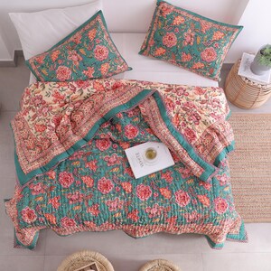 Teal Blue Boho Block Print Quilt Reversible Floral Blanket Soft Summer Quilt Jaipuri Bedspread Cozy Indian Comforter All Season Queen Quilt image 7