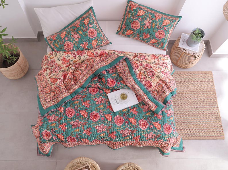 Teal Blue Boho Block Print Quilt Reversible Floral Blanket Soft Summer Quilt Jaipuri Bedspread Cozy Indian Comforter All Season Queen Quilt image 7