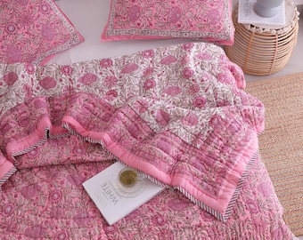 Pink Rose Cotton Quilt, Indian Hand Block Printed Quilt Bedspread, Floral Printed Queen Comforter, Soft Summer Blanket, All Season Quilt
