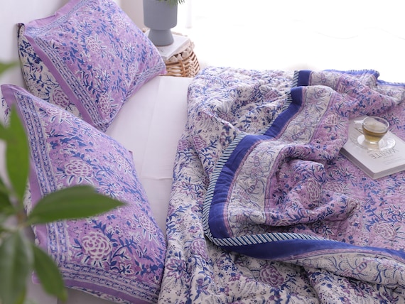 Purple Indian Block Print Quilt Blanket, Floral Printed Reversible Cotton Handmade Razai Quilt, Jaipuri Kantha Queen Quilt Bedspread Decor