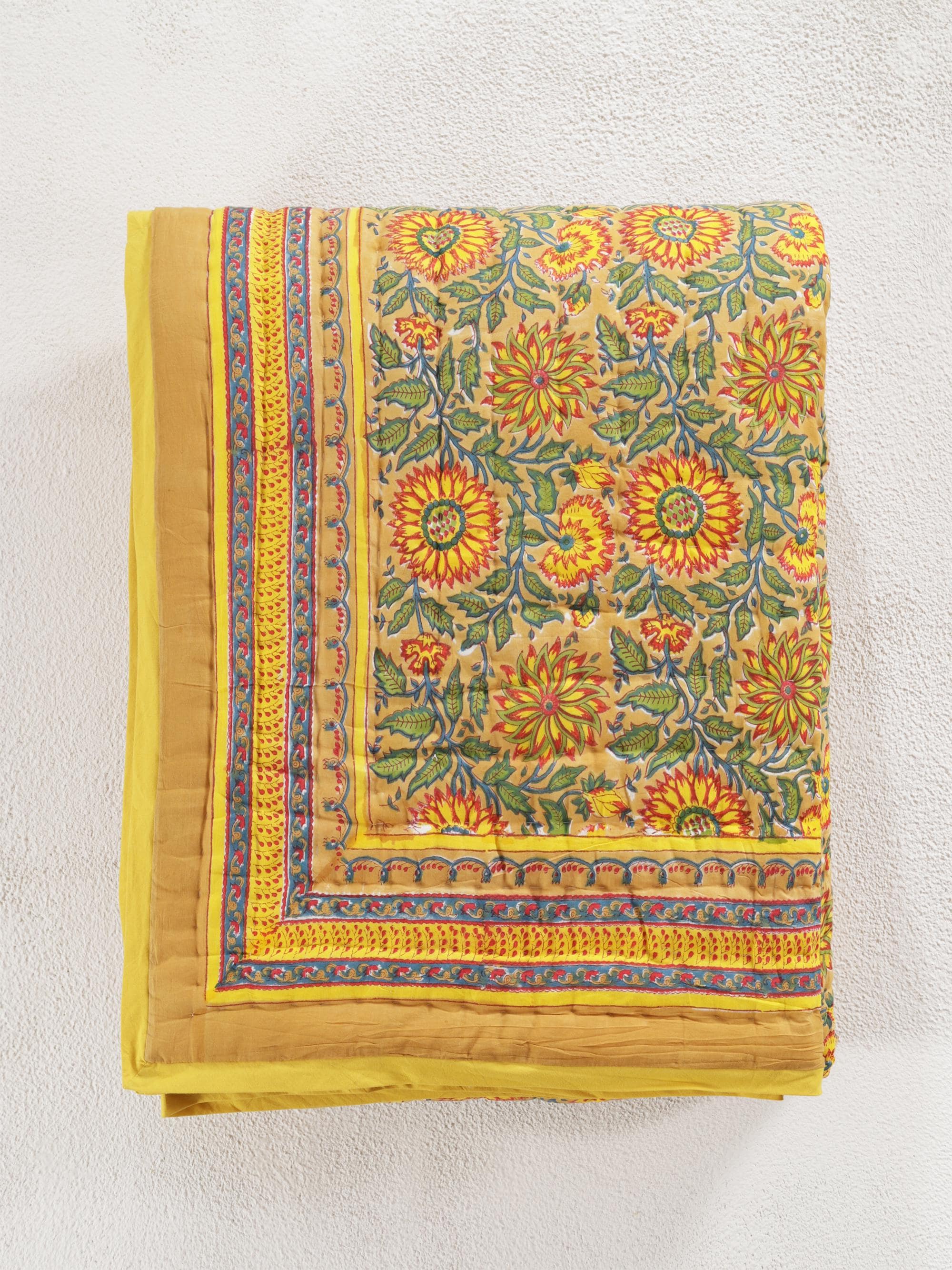 Yellow Sunflower Hand Block Printed Cotton Quilt Reversible Indian Quilt Green Floral Print Quilt Lightweight Soft Quilt, Throw Blanket Gift