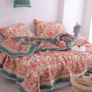 Teal Blue Boho Block Print Quilt Reversible Floral Blanket Soft Summer Quilt Jaipuri Bedspread Cozy Indian Comforter All Season Queen Quilt image 10