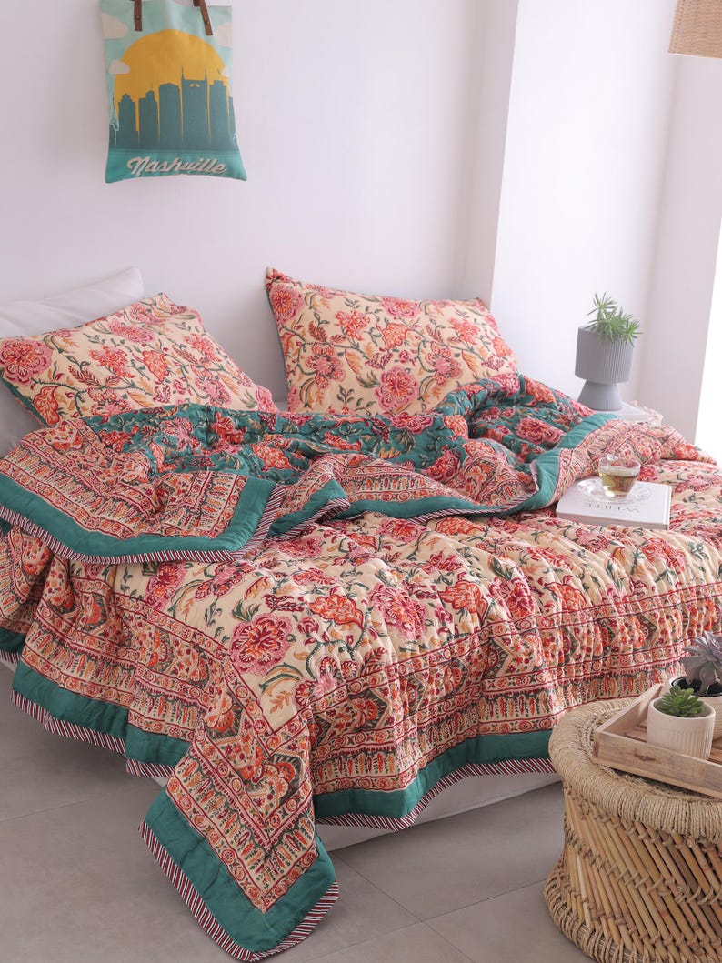 Teal Blue Boho Block Print Quilt Reversible Floral Blanket Soft Summer Quilt Jaipuri Bedspread Cozy Indian Comforter All Season Queen Quilt image 10