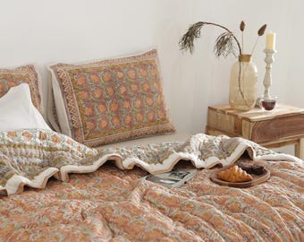 Block Print Quilt, Anokhi Reversible Floral Cotton Bedding Set, Artisan Crafted Queen Size Bedspread Blanket, Boho Bedroom Comforter Gift
