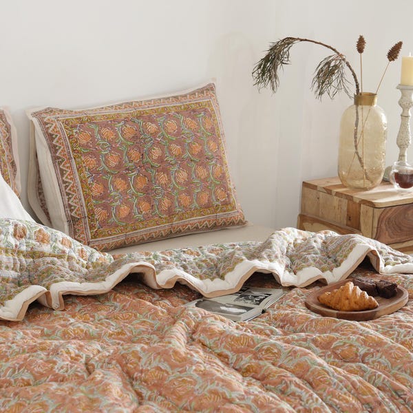Block Print Quilt, Anokhi Reversible Floral Cotton Bedding Set, Artisan Crafted Queen Size Bedspread Blanket, Boho Bedroom Comforter Gift