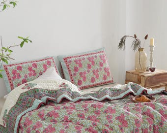 Pink Handmade Indian Cotton Quilt, Block Printed All Season Soft Quilt, Cotton Comforter, Boho Reversible Bedspread, Queen Quilted Coverlet
