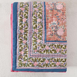 Indian Jaipuri Block Print Quilt Floral Printed Reversible Razai Cotton Handmade Quilt, Jaipuri Kantha razai , Bedspread Comforter Blanket