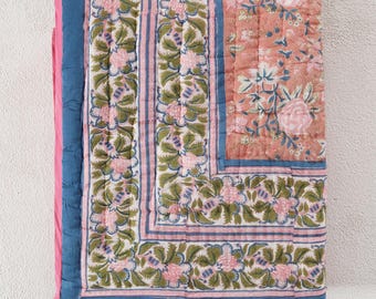 Indian Jaipuri Block Print Quilt Floral Printed Reversible Razai Cotton Handmade Quilt, Jaipuri Kantha razai , Bedspread Comforter Blanket