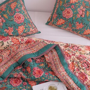 Teal Blue Boho Block Print Quilt Reversible Floral Blanket Soft Summer Quilt Jaipuri Bedspread Cozy Indian Comforter All Season Queen Quilt image 8