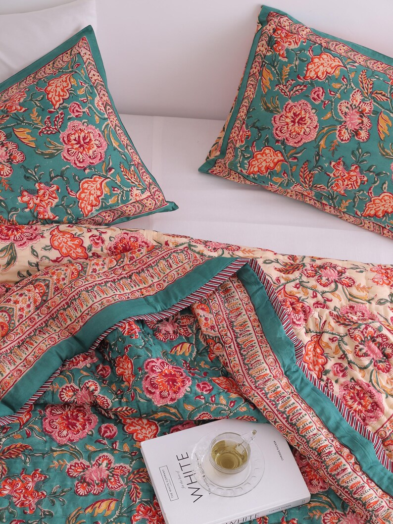 Teal Blue Boho Block Print Quilt Reversible Floral Blanket Soft Summer Quilt Jaipuri Bedspread Cozy Indian Comforter All Season Queen Quilt image 8