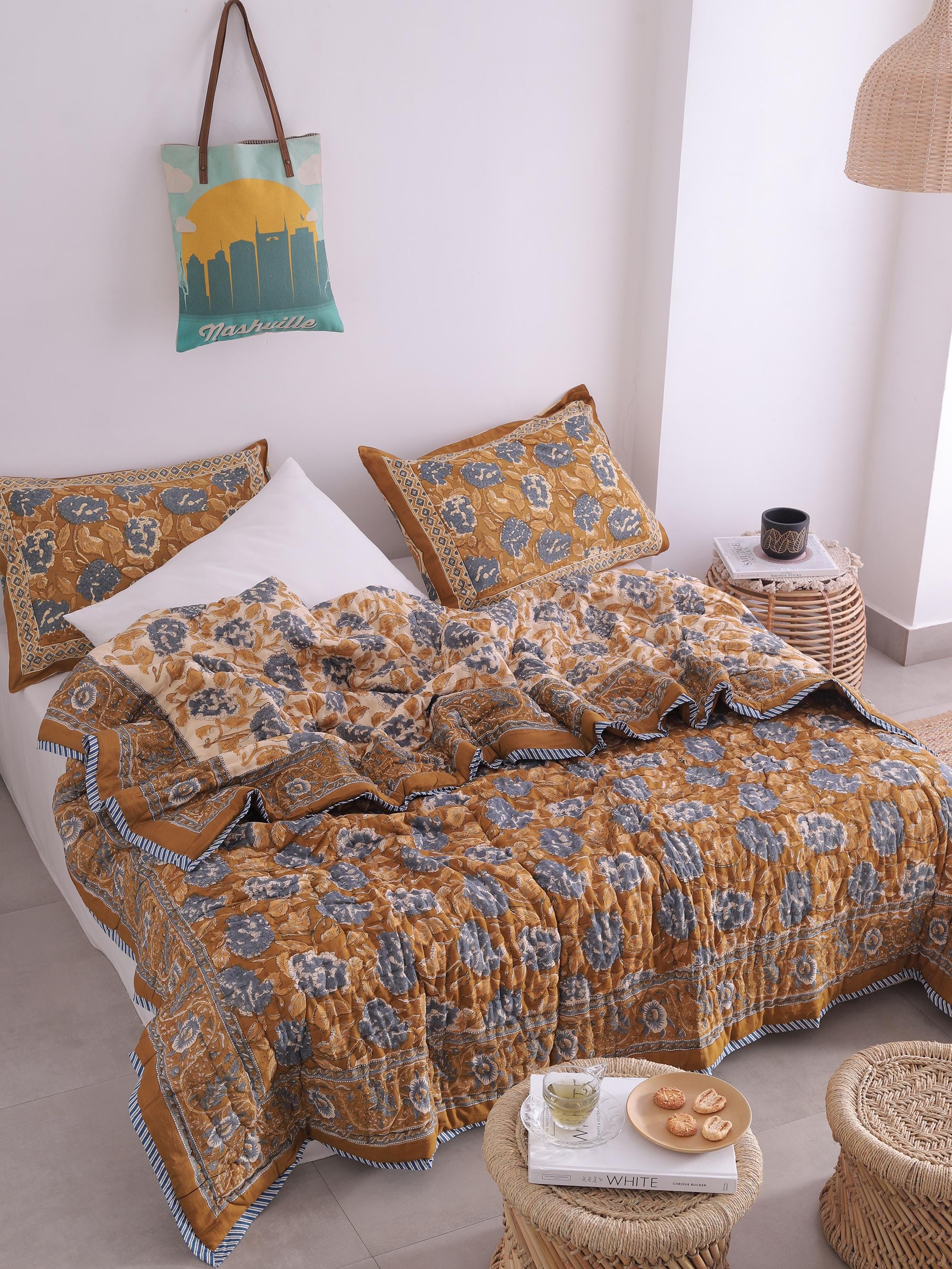 Mustered Hand Block Print Cotton Quilt, Reversible Floral Bedspread ...