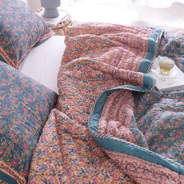 Reversible Cotton Quilt, Indian Hand Block Printed Quilt Bedspread, Floral Printed Queen Comforter, Soft Summer Blanket, king Quilt Throw